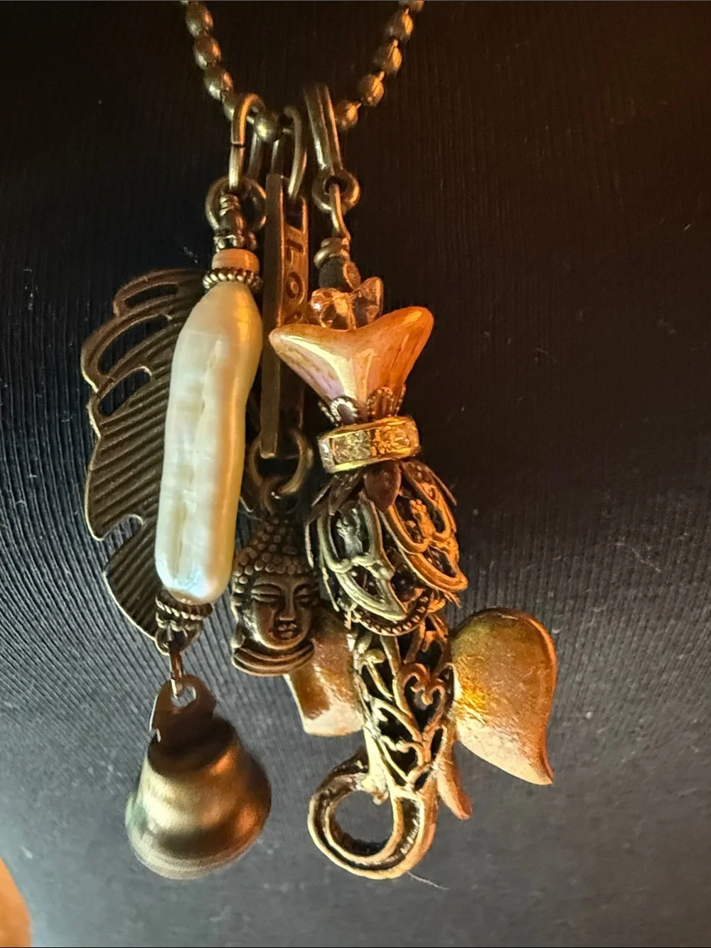 Boho Elephant Charm 26” Necklace - Brass Finish with Pink Accent